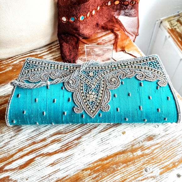 Gorgeous Turquoise Silk Evening Clutch